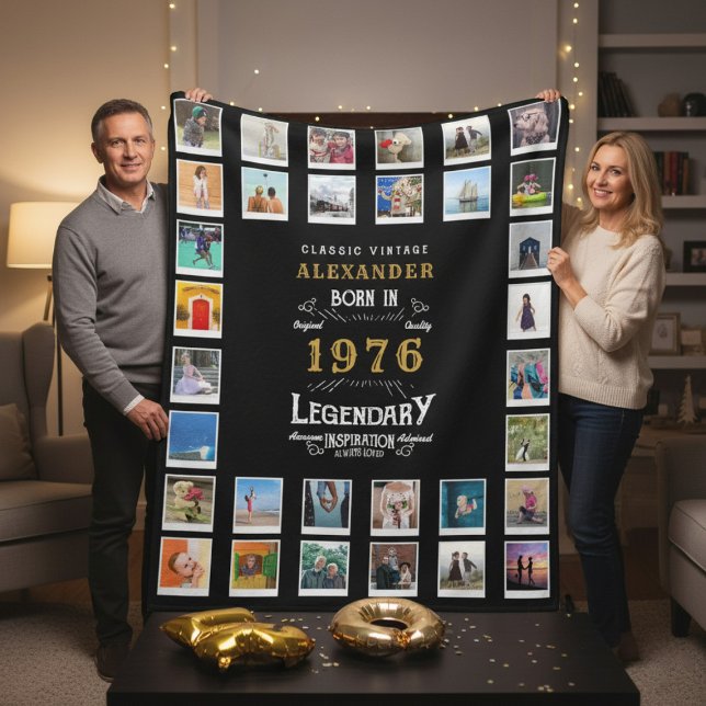 Cobertor De Velo 50th Birthday Photo Collage Father Grandfather (1976 fleece photo blanket held by a couple in a room.)