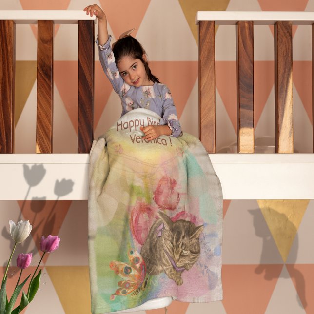 Cobertor De Velo 5 Birthday Girl Cat borboleta (5th Birthday Girl Cat butterfly Fleece Blanket)