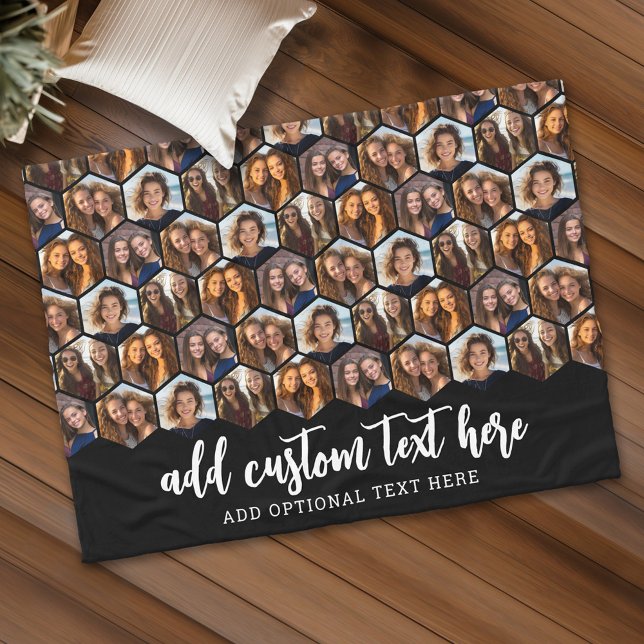 Cobertor De Velo 5 Colagem de Fotos Padrão Funky Hexagon - preto (Personalized fleece blanket with 5 photos and custom text)