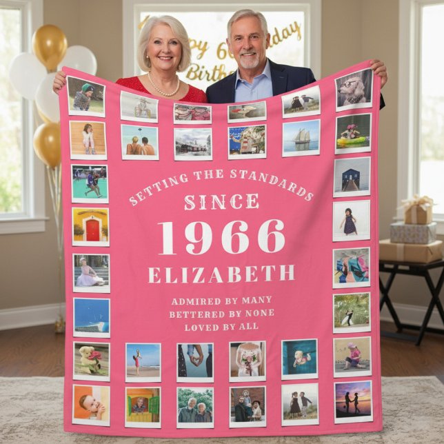 Cobertor De Velo 60th Birthday Mother Family Photo collage Pink (Born 1966 pink fleece photo blanket held by a couple.)