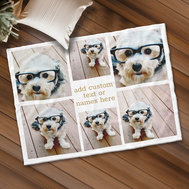 Cobertor De Velo 6 Mínimo de colagem de fotos - ouro e branco (Custom Fleece Blanket - Add Photos and Text)