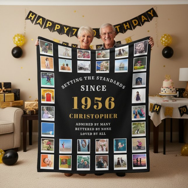 Cobertor De Velo 70th Birthday Family Memories Photo Collage  (Born 1956 fleece  blanket held up by a couple.)