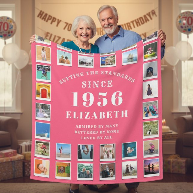 Cobertor De Velo 70th Birthday Mother Family Photo collage Pink (Born 1956 pink fleece blanket held by a couple.)