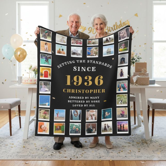 Cobertor De Velo 90th Birthday Family Memories Photo Collage  (Born 1936 fleece blanket held by a couple.)