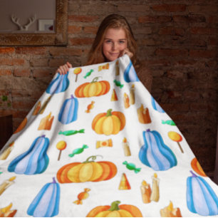 Cobertor De Velo Abóboras Coloridas Outono Aquarela Azul Laranja