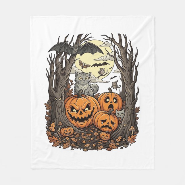 Cobertor De Velo Abóboras de Halloween Gato Cinza Morcego Lua Cheia (Frente)