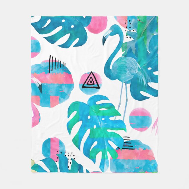 Cobertor De Velo Abstrato com aquarela flamingo e elema aleatório (Frente)