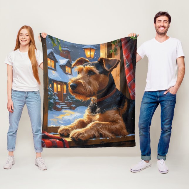 Cobertor De Velo Airedale Terrier With Christmas Lights Holiday  (In Situ)