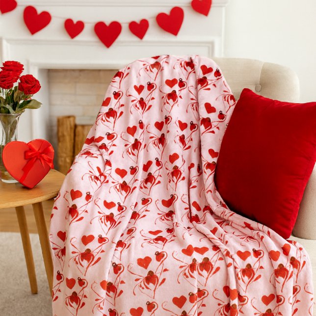 Cobertor De Velo Ame Corações Vermelhos e Joaninhas Rosa  ( A cozy fleece blanket featuring romantic red hearts, perfect for Valentine's Day.)