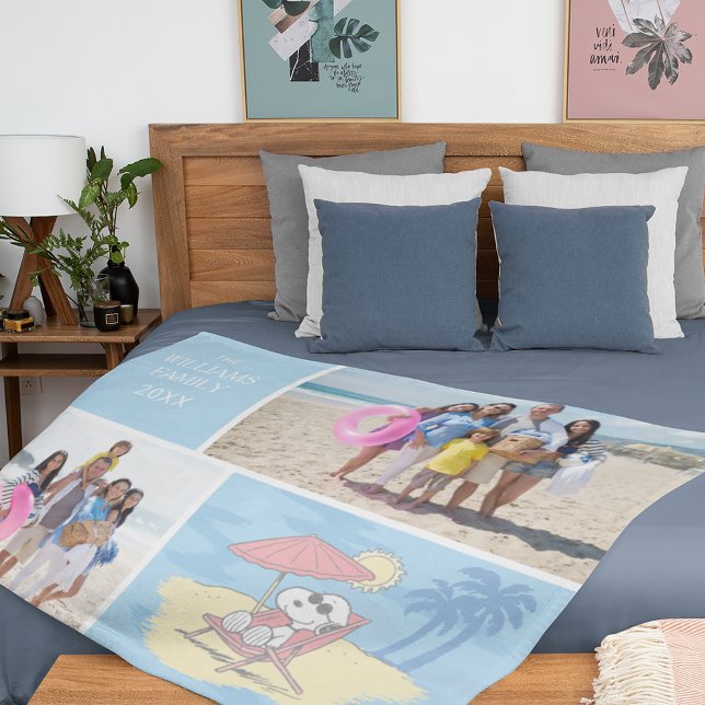 Cobertor De Velo Amendoins | Snoopy Beach | Adicionar Nome e Fotos (Blanket on bed)
