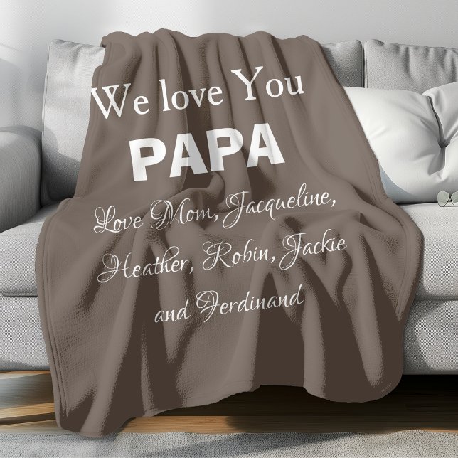 Cobertor De Velo Amo-Te Papá Gift Script Family Nomes Modernos ('We Love You PAPA' personalized comfy soft brown fleece blanket.)