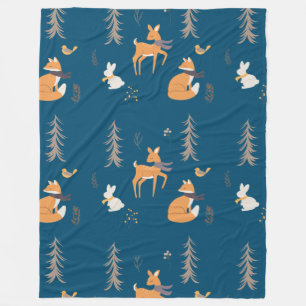 Cobertor De Velo Animais do Bosque de Inverno Arte Folclórica Azul