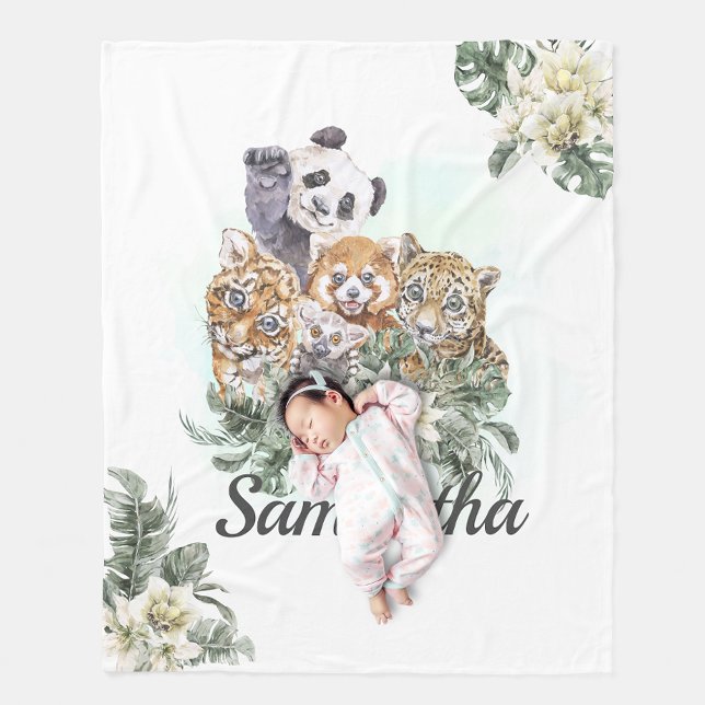 Cobertor De Velo Animais Fofos da Selva Monograma Vegetação Tropica (Criador carregado)