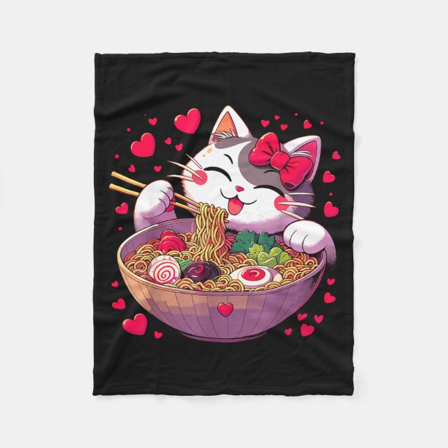 Cobertor De Velo Anime Cat Eating Ramen Noodles With Hearts Valenti (Frente)
