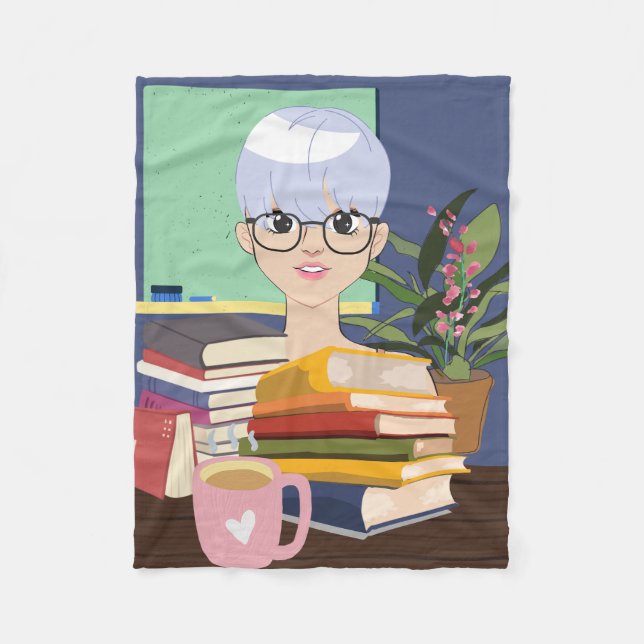 COBERTOR DE VELO ANIME INCRÍVEL, MENINA, COM LIVROS, (Frente)