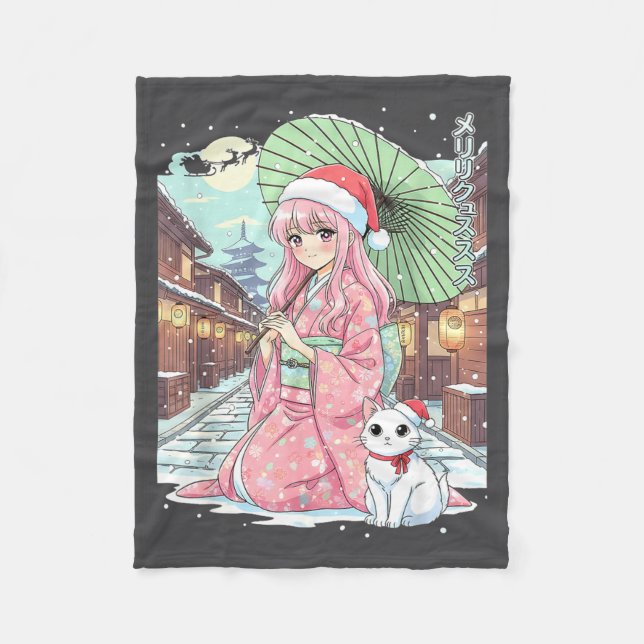 Cobertor De Velo Anime Kimono Girl Christmas Japan Cat Xmas Japan A (Frente)