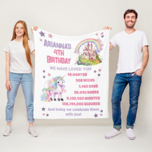 Cobertor De Velo Aniversário de 4 anos da Menina Castelo Unicórnio