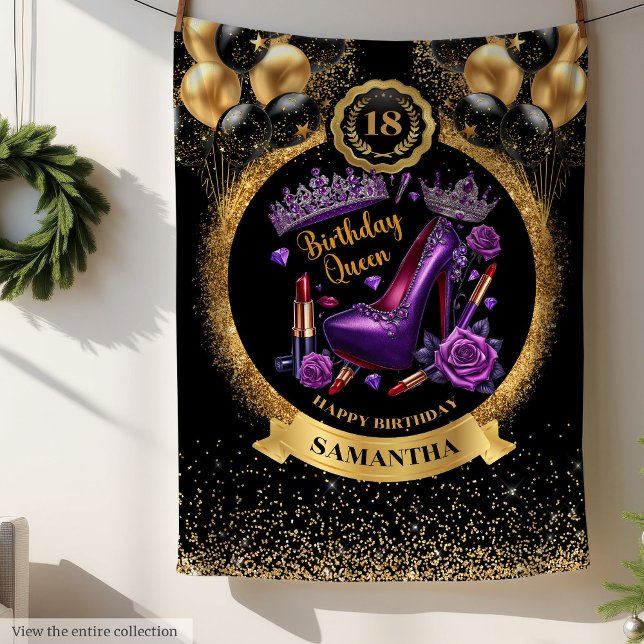 Cobertor De Velo Aniversário Rainha Alto Salto Dourado Balões Roxo (Birthday Queen High Heels Gold Balloons Purple Fleece Blanket)