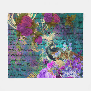 Cobertor De Velo Antigo Pavão Ilustrado e Flores Grunge