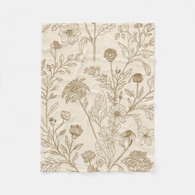 Cobertor De Velo Antique Sepia Botanical Line Art Floral Pattern (Frente)