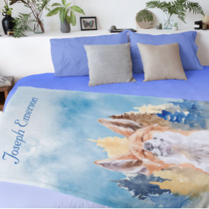 Cobertor De Velo Aquarela de Raposa Bebê Personalizada Floresta