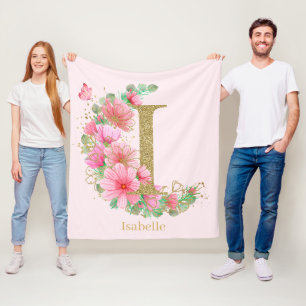 Cobertor De Velo Aquarela Dourada e Letra Monograma Floral I