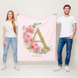 Cobertor De Velo Aquarela Dourada e Monograma Floral Letra A