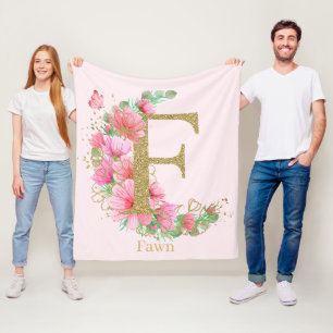 Cobertor De Velo Aquarela Dourada e Monograma Floral Letra F
