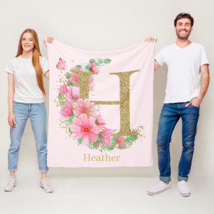 Cobertor De Velo Aquarela Dourada e Monograma Floral Letra H