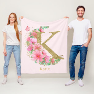 Cobertor De Velo Aquarela Dourada e Monograma Floral Letra K