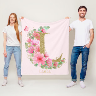 Cobertor De Velo Aquarela Dourada e Monograma Floral Letra L