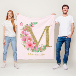 Cobertor De Velo Aquarela Dourada e Monograma Floral Letra M