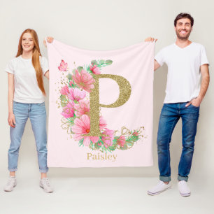 Cobertor De Velo Aquarela Dourada e Monograma Floral Letra P