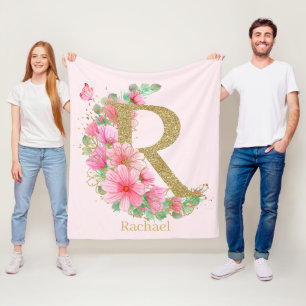 Cobertor De Velo Aquarela Dourada e Monograma Floral Letra R