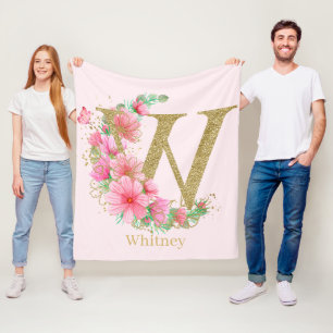 Cobertor De Velo Aquarela Dourada e Monograma Floral Letra W