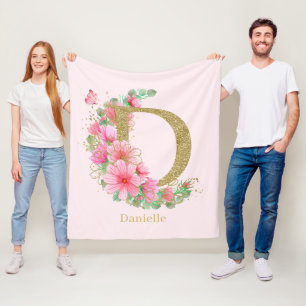 Cobertor De Velo Aquarela Dourado e Monograma Floral Letra D
