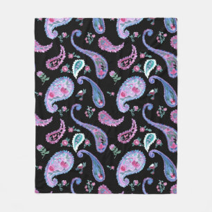 Cobertor De Velo Aquarela Paisley Preto Lavanda Rosa Azul