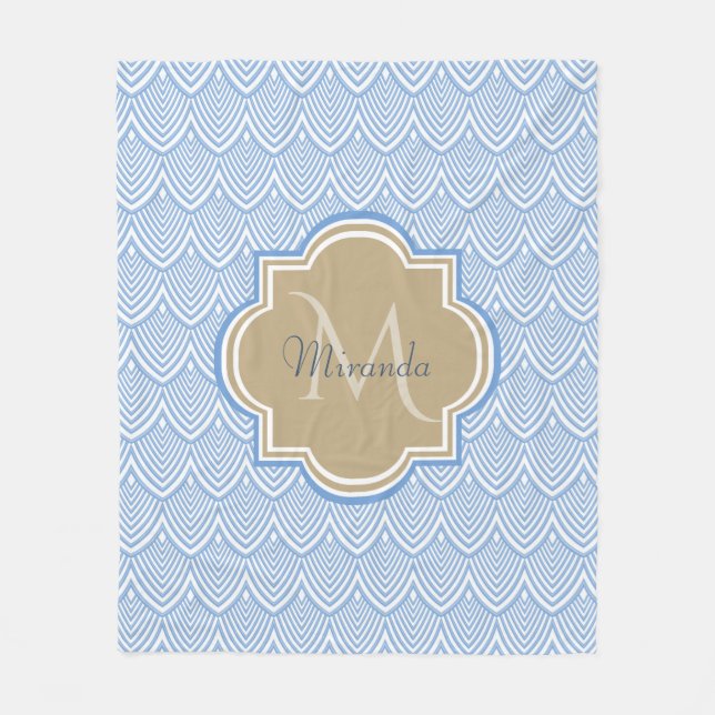 Cobertor De Velo Art Deco Light Blue Fish Scales Tan Monogramas Nom (Frente)