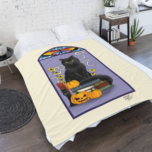 Cobertor De Velo Art Nouveau Gato Preto Abóbora Roxo Outono Amarelo (Criador carregado)