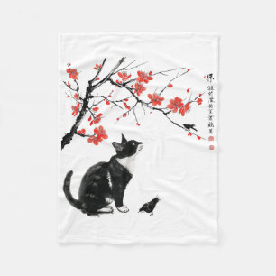 Cobertor De Velo Arte da Natureza Japonesa_ Gato e Pássaro com Flor
