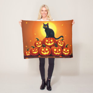 Cobertor De Velo Arte de Halloween de Natal com lua de gato e cheio
