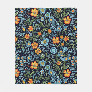 Cobertor De Velo Arte Floral Intrincada: Flores Azuis e Laranjas