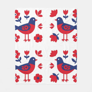 Cobertor De Velo Arte Popular Padrão Floral Pássaro Azul Vermelho