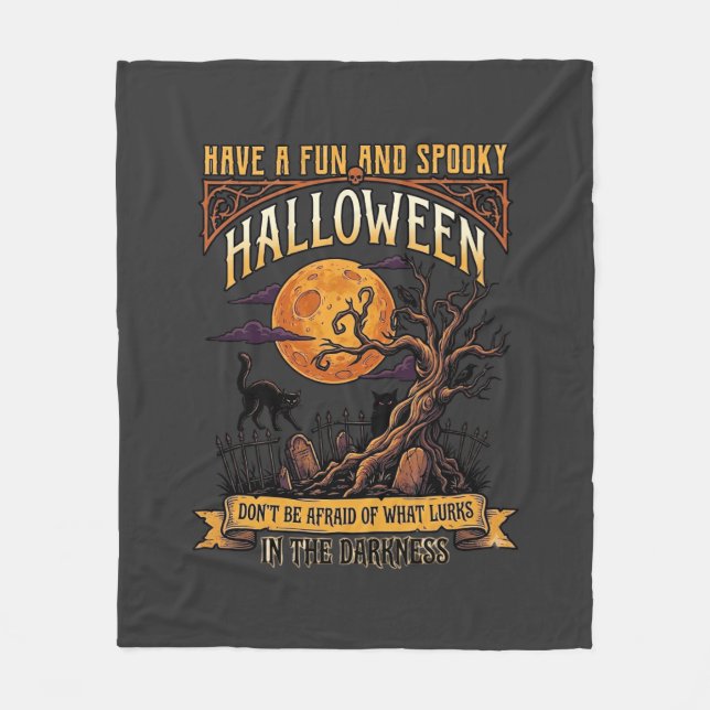 Cobertor De Velo Árvore Assustadora de Halloween Lua Cheia Gato Pre (Frente)