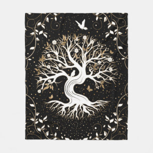 Cobertor De Velo Árvore da vida - Yggdrasil - branco preto e ouro