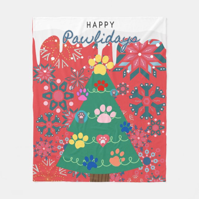 Cobertor De Velo Árvore de Natal vermelha com ornamentos de patas (Frente)