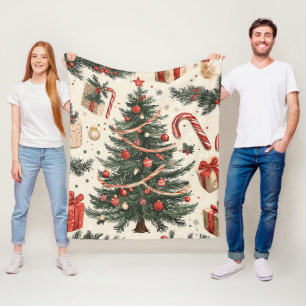 Cobertor De Velo Árvore de Natal Vintage Creme Vermelho Toile Verde