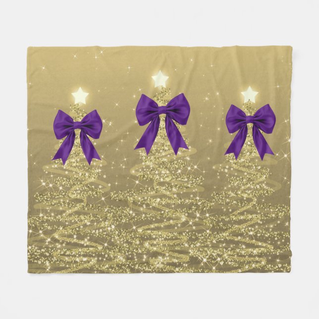 Cobertor De Velo Árvores Brilhantes de Natal Douradas com Laço Roxo (Frente (Horizontal))