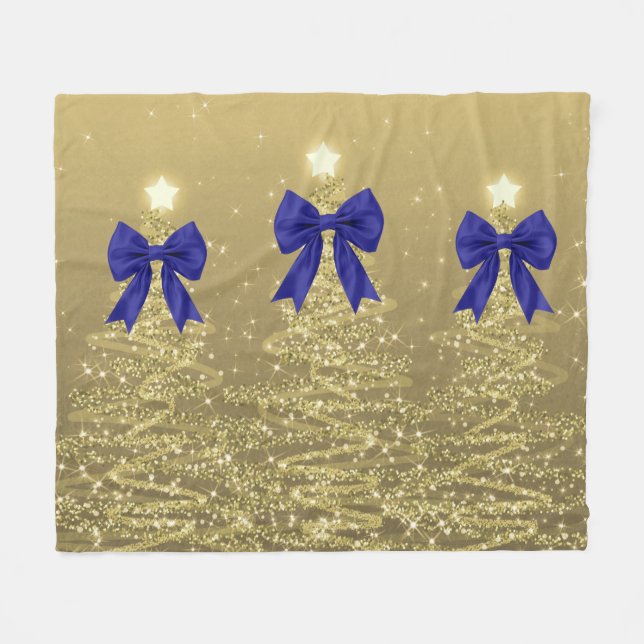 Cobertor De Velo Árvores Espelhantes de Natal Douradas com Laço Azu (Frente (Horizontal))