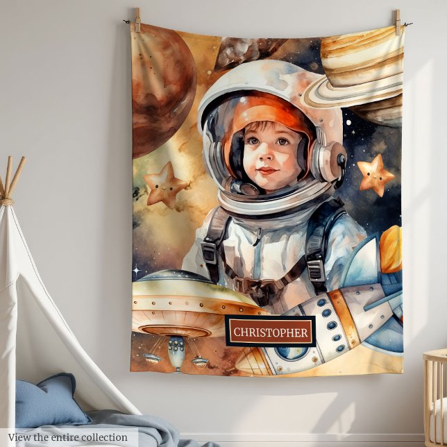 Cobertor De Velo Astronauta e Planetas - Presente para Garoto (Astronaut & Planets Name Blanket – Gift for Boy

)